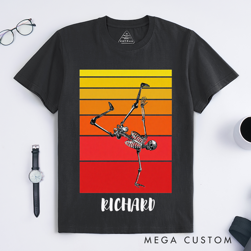 Personalized Skeleton Street Dance Pose T-Shirts Retro Vintage Sunset Design Unique Gift for Men Custom Name Funny Skeleton Tee