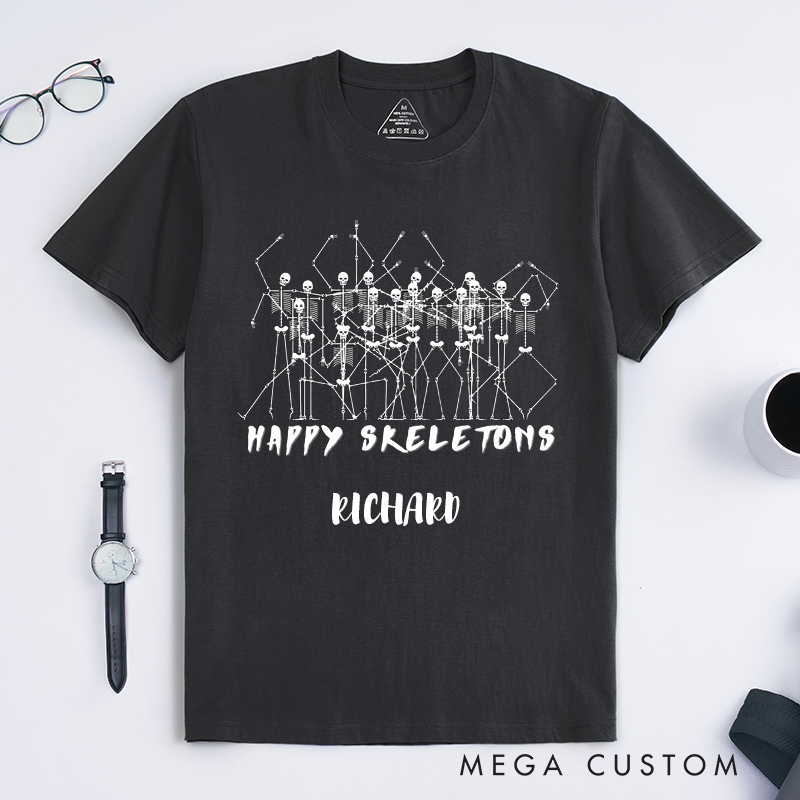 Personalized Happy Skeletons Dancing Skeletons T-Shirts Custom Name Funny Halloween Gift Unique Skeleton Tee for Men Friends Present