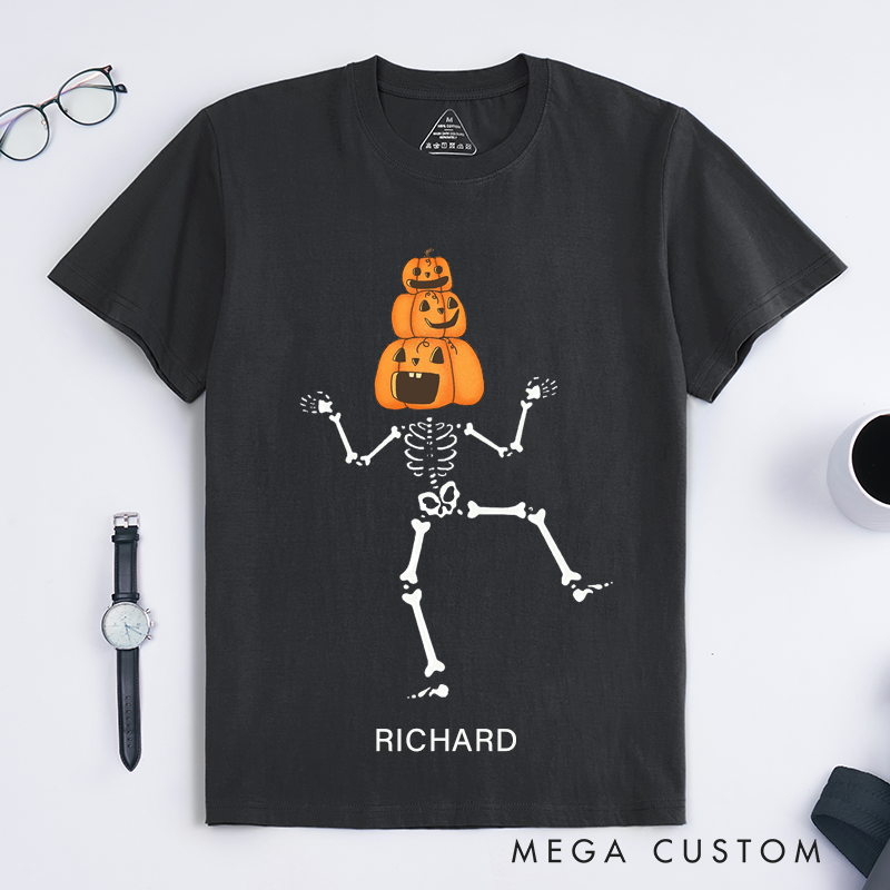 Personalized Dancing Skeleton Pumpkin Stack T-Shirts Custom Name Funny Halloween Skeleton Gift for Men Unique Spooky Fall Outfit for Friends or Family