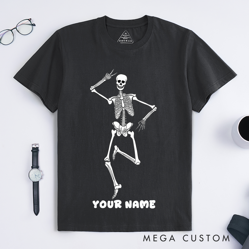 Personalized Dancing Skeleton T-Shirts Custom Name Fun Skeleton Drawing Halloween Gift for Him Unique Bone Art Shirt for Men Friends