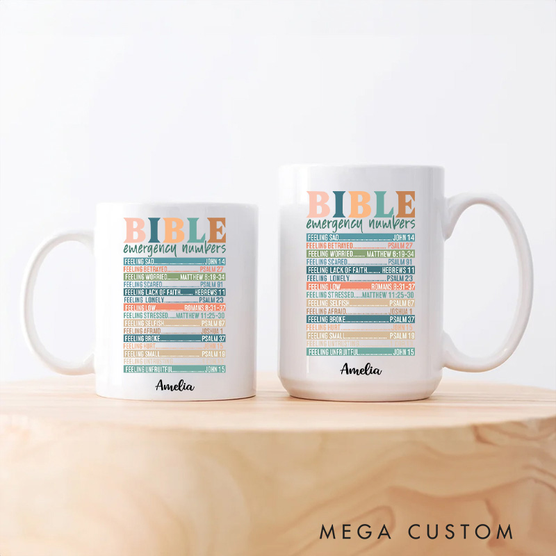 Personalized Multicolor Bible Emergency Numbers Ceramic Mug with Name Religious Gift Birthday Gift for Girls