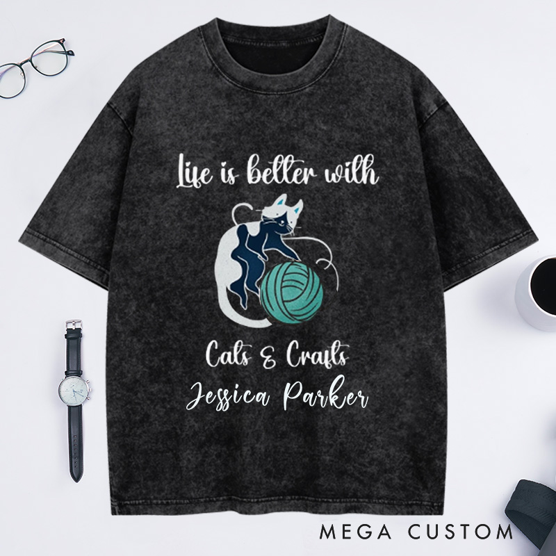 Personalized Cat Knitting Crafts Washed T-Shirts MidCentury Cat Knitting Shirt Vintage Cat T-Shirt BoHo Knitting Shirt Funny Cat Lover Shirt