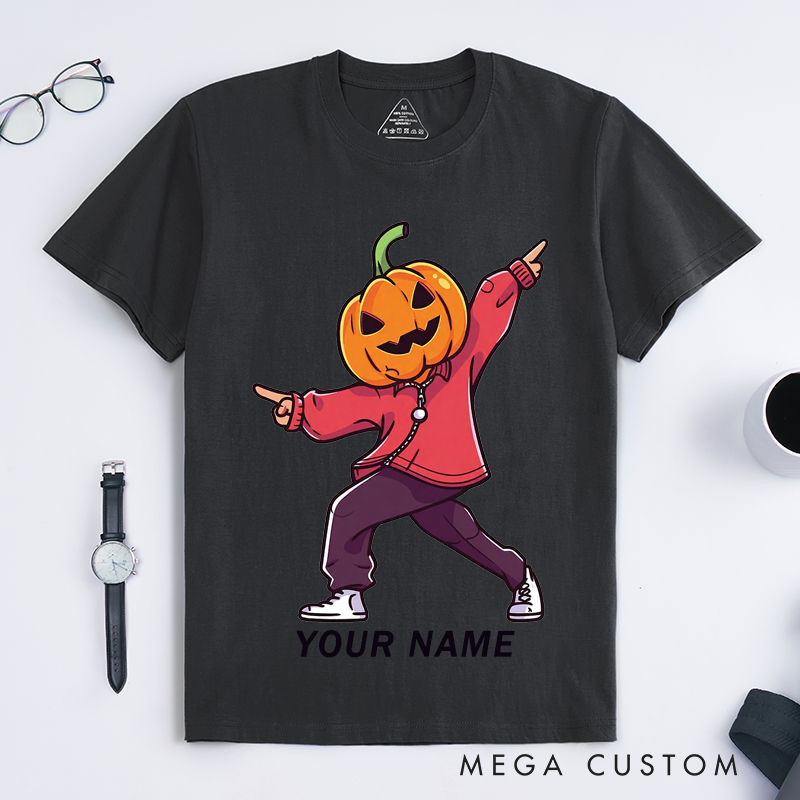 Personalized Halloween Pumpkin Head Dancing Graphic T-Shirts Custom Name Fall Gift for Men Trendy Streetwear Unique Funny for Boys and Teens
