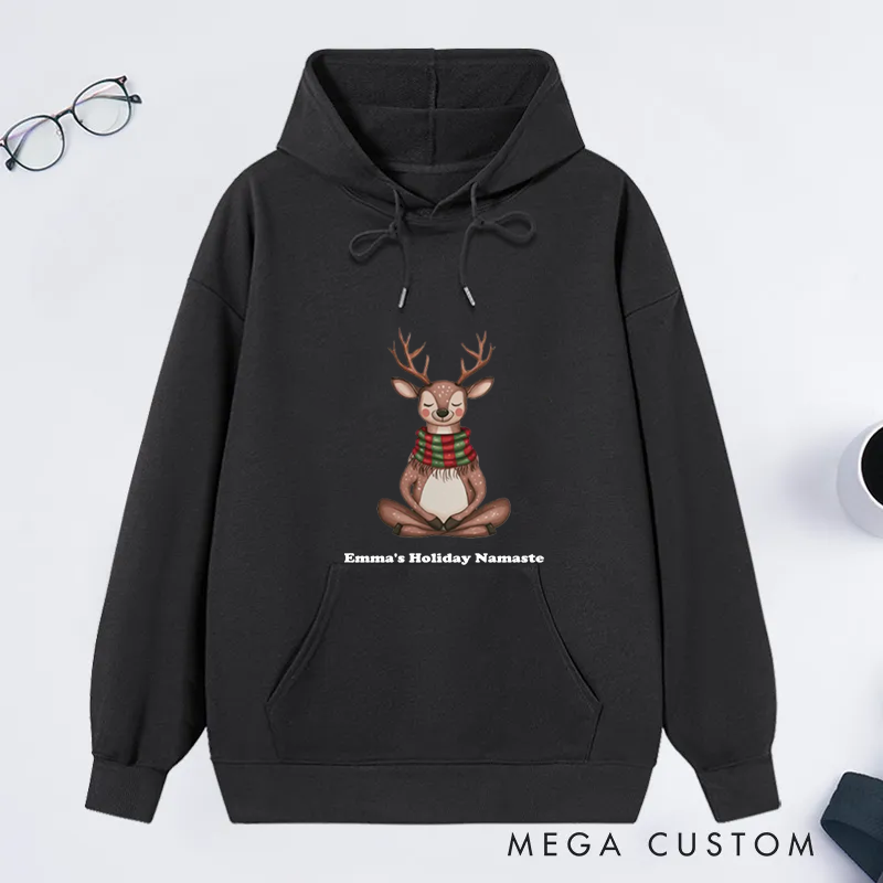 Personalized Christmas Classic Hoodie with Cute Meditating Reindeer Design Custom Name Gift Idea for Yoga Lover
