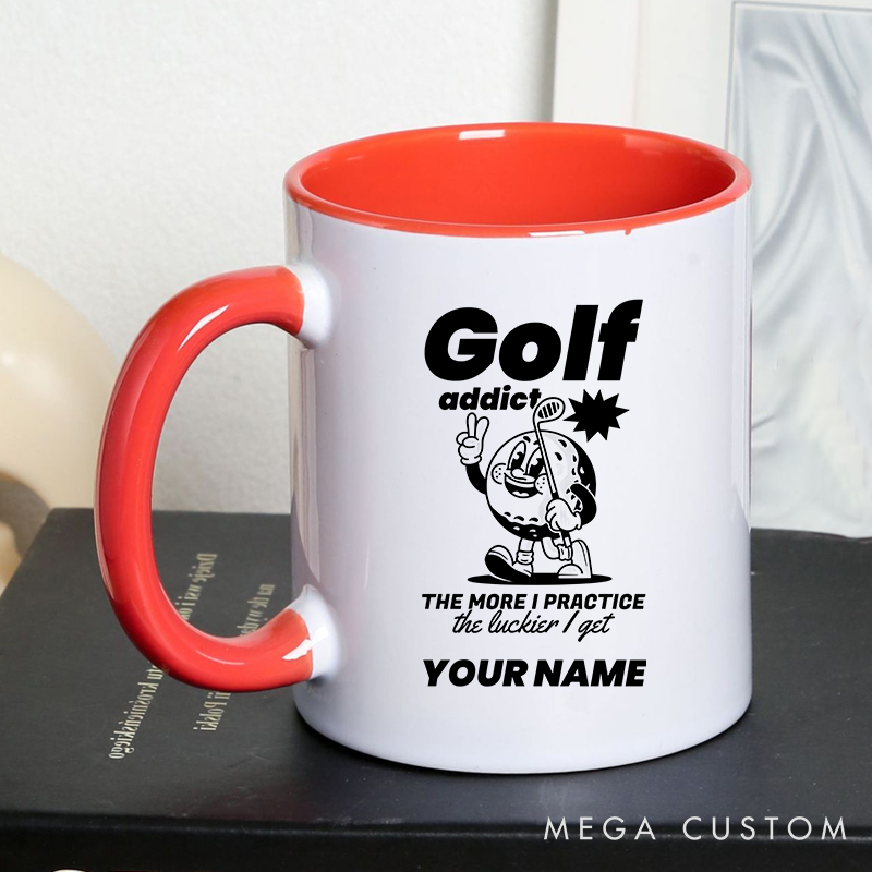 Personalized Golf Mug with Custom Name Golf Addict Design The More I Practice The Luckier I Get Durable Ceramic Two Tone Handle