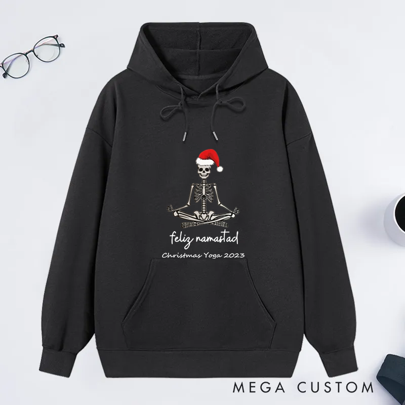 Personalized Christmas Classic Hoodie Skeleton Yoga Design with Santa Hat Custom Time Gift Idea for Yoga Lover