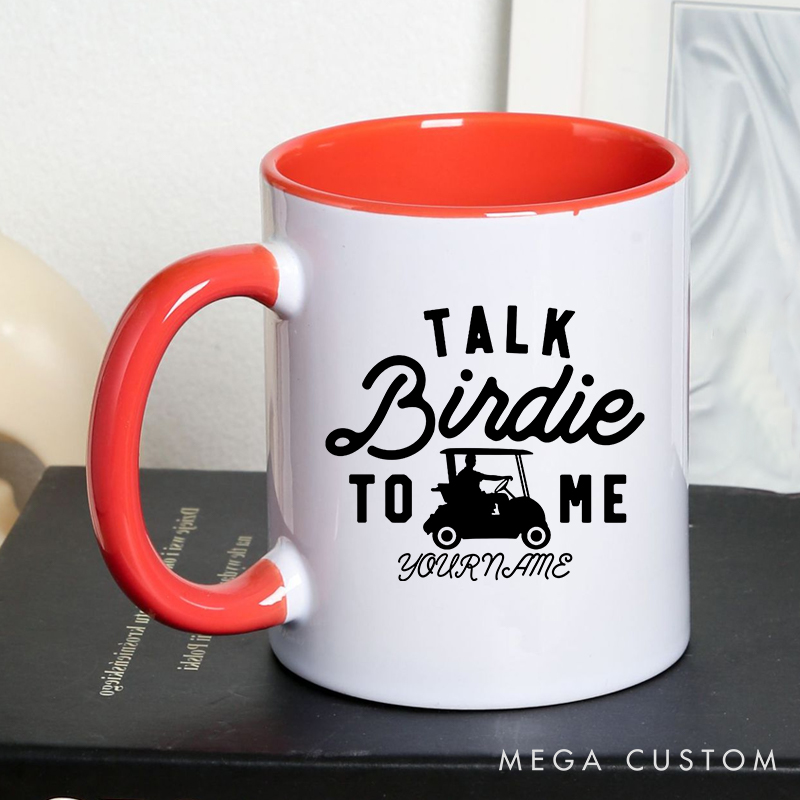 Personalized Golf Mug with Custom Name "Talk Birdie to Me" Fun Golf Cart Design Perfect Gift for Golf Lovers
