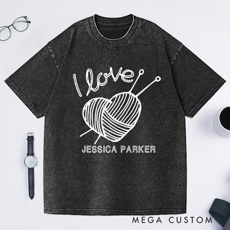 Personalized I Love Knitting Washed T-Shirts Gifts for Knitter Grandma Shirt Grandma Knit Tee Custom Tee