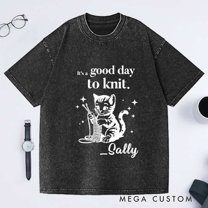 Personalized It’s a Good Day to Knit Cute Knitting Cat Washed T-Shirts