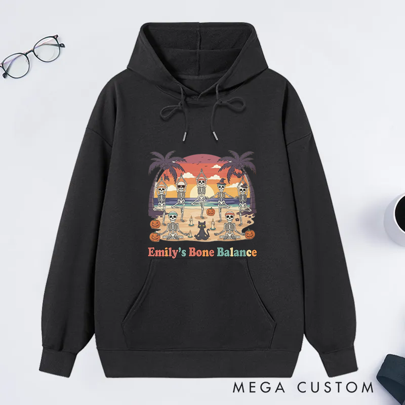 Personalized Funny Halloween Beach Theme Classic Hoodie with Bone Balance and Skeleton Yoga Design Custom Name Gift Idea for Yoga Lover