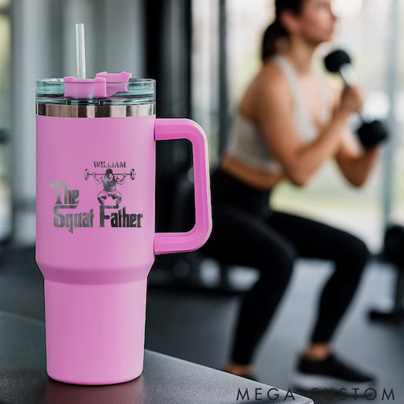 Personalized Handle Tumbler with Logo Featuring Squat and Barbell Artwork for Gym Lover Fitness Durable Hot or Cold Drinks
