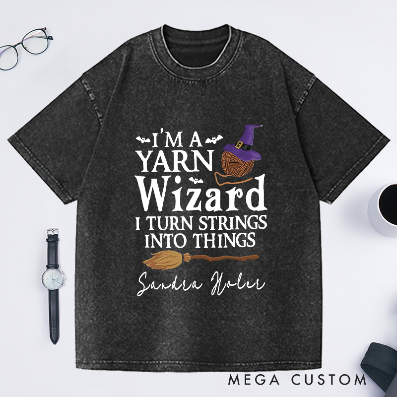 Personalized I'm a Yarn Wizard Washed T-Shirts Knit T-Shirt Knitting Gift Knitter Gifts Custom Tee