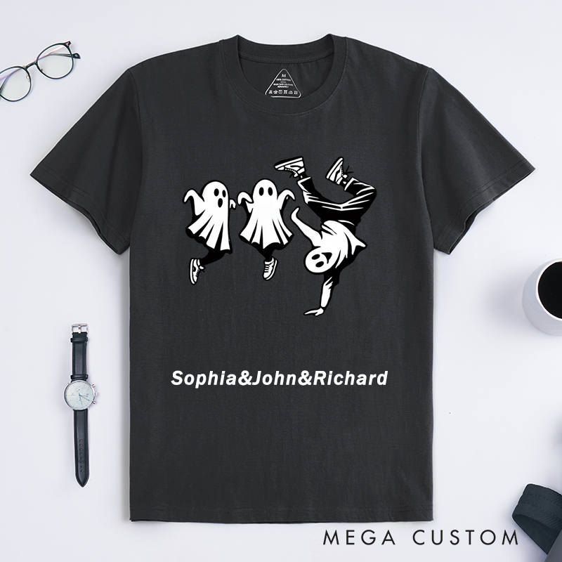 Personalized Ghost Breakdance T-Shirts Funny Hip Hop Ghost Street Dance Design Custom Name Halloween Gift for Men Unique Ghost Dancing Tee