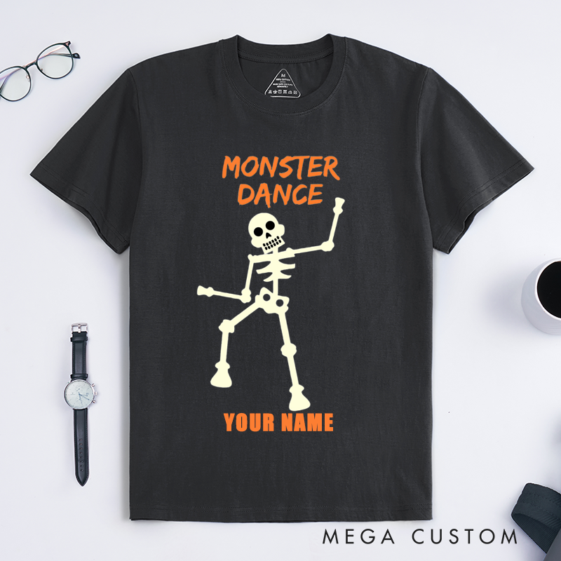 Personalized Skeleton Dance T-Shirt Custom Name Halloween Glow in the Dark Funny Gift for Men Unique Spooky Customizable Present