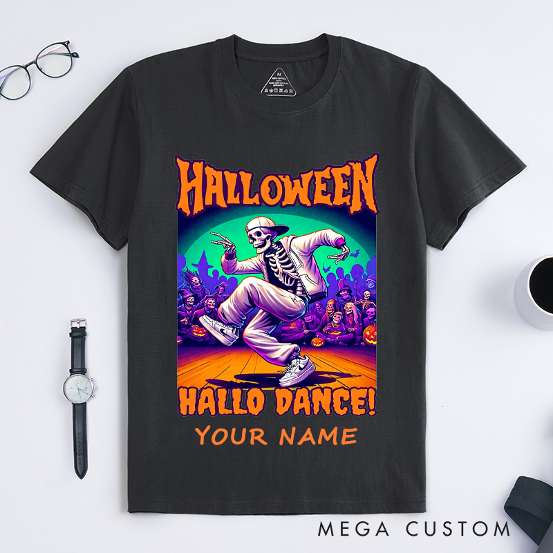 Personalized Halloween Skeleton Dance T-Shirts Custom Name Hip Hop Breakdance Shirt Spooky Gift for Men Unique Halloween Outfit for Boys