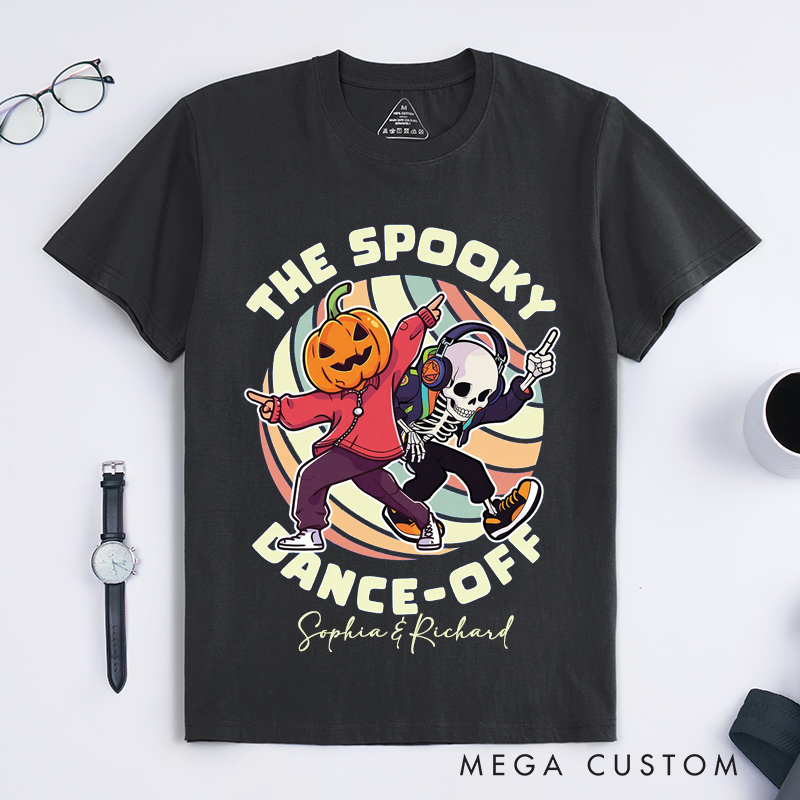 Personalized Spooky Dance Off Halloween T-Shirts Custom Name Unisex Funny Pumpkin Skeleton Dancing Costume Gift for Friends Family