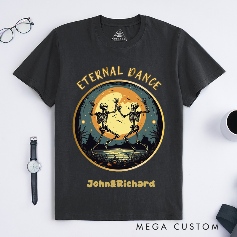 Personalized Skeleton Dance T-Shirt Unique Eternal Dance Halloween Gift for Men Women Friends Custom Name Vintage Dancing Skeletons Tee