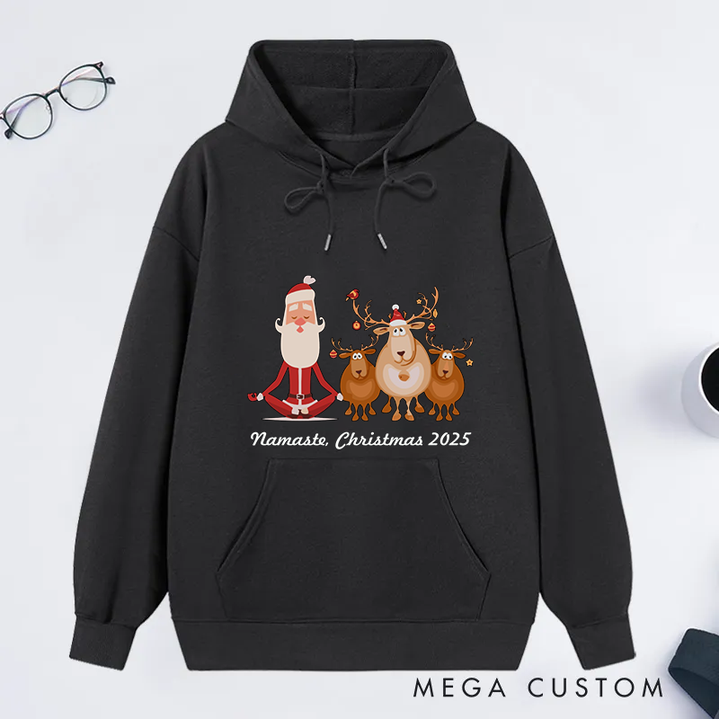 Personalized Christmas Classic Hoodie with Funny Santa and Yoga Reindeer Theme Custom Time Gift Idea for Yoga Lover