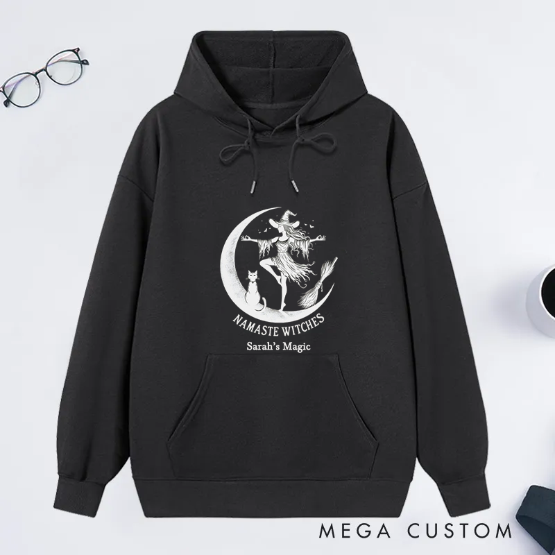 Personalized Namaste Witches Classic Hoodie with Elegant Witch and Moon Design Custom Name Gift Idea for Yoga Lover