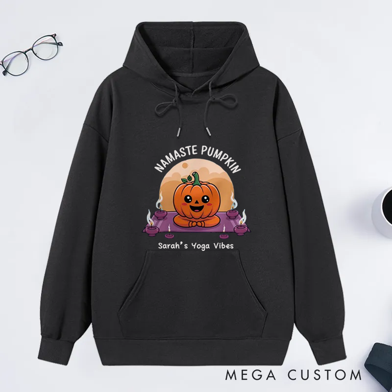 Personalized Namaste Classic Hoodie with Cute Yoga Pumpkin Design Custom Name Gift Idea for Yoga Lover