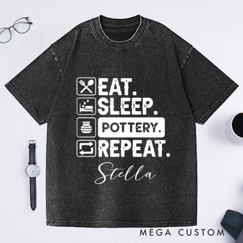 Personalized Eat Sleep Pottery Repeat Washed T-Shirts Gift for Potter Potters Shirt Clay Tshirt Custom Tee