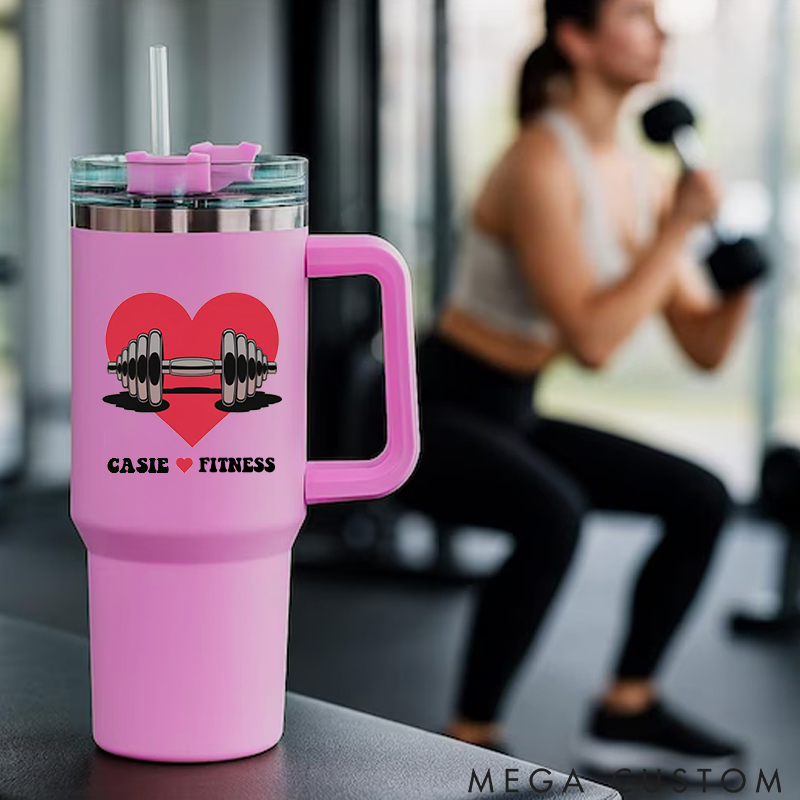 Personalized Handle Tumbler with Heart and Barbell Love Fitness Design for Gym Lover Fitness Durable Hot or Cold Drinks