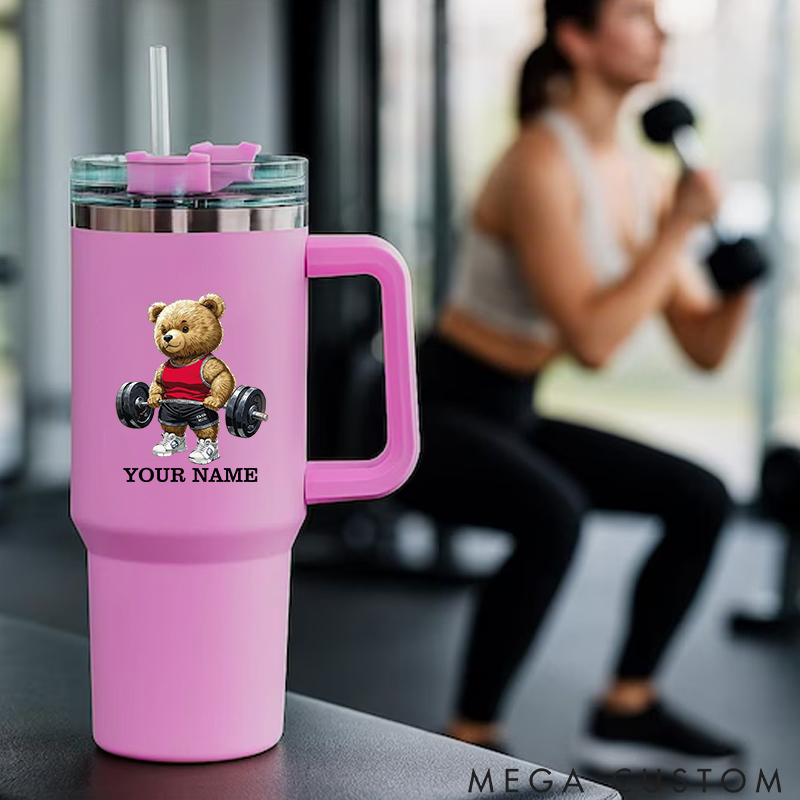 Personalized Handle Tumbler with Cute Weightlifting Teddy Bear Design for Gym Lover Fitness Durable Hot or Cold Drinks