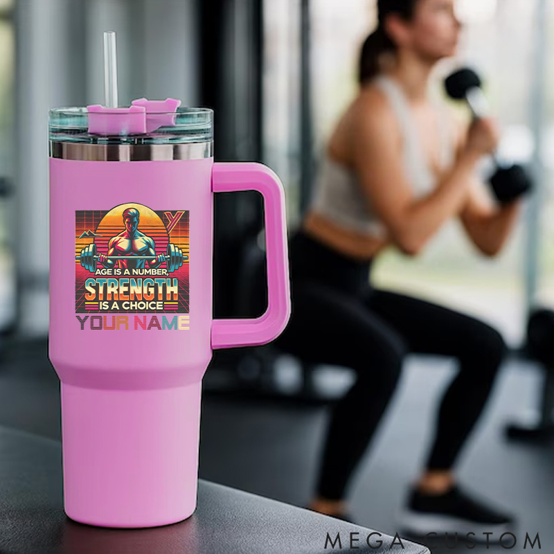 Personalized Handle Tumbler with Vibrant Strength Themed Graphic for Gym Lover Fitness Durable Hot or Cold Drinks