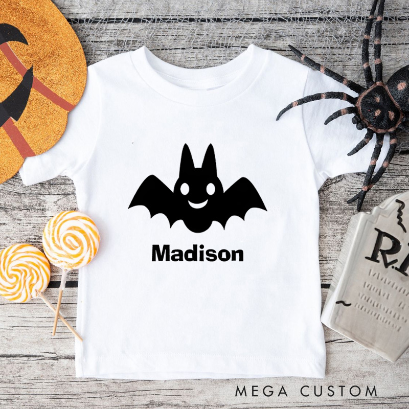 Personalized Smiling Bat Halloween Shirt for Kids Great for Adding a Cute and Festive Touch to Halloween Outfits Kids T-Shirt
