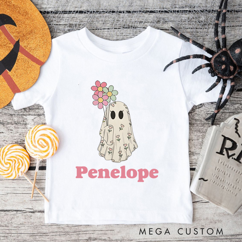 Personalized Girls Ghost Name Toddler T-Shirt Cute Fall Girls T-Shirt with Ghost Hallown Gift