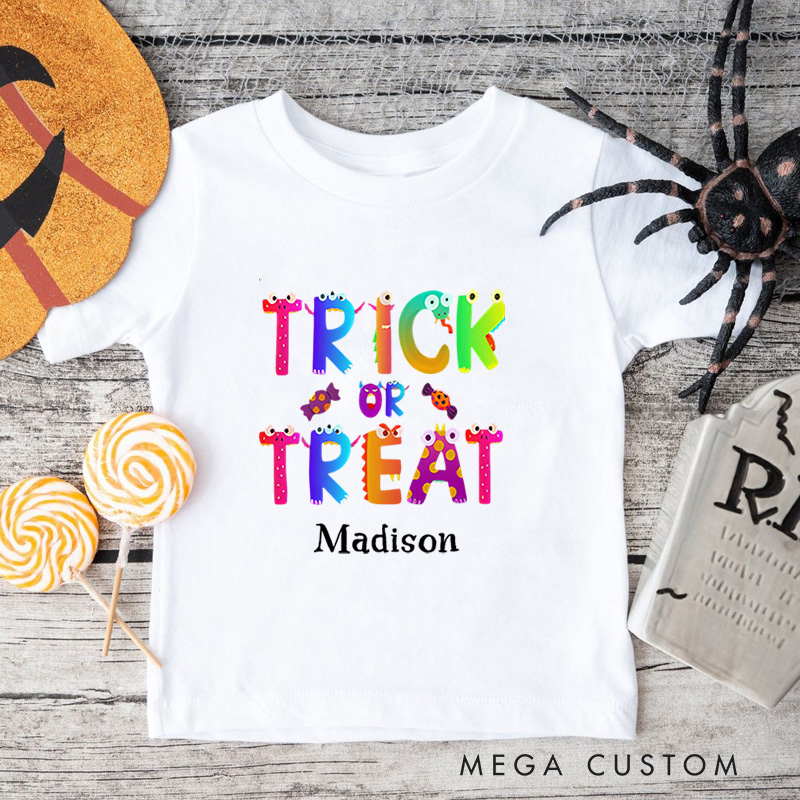 Personalized Trick or Treat Halloween Shirt for Kids Perfect for Fun and Colorful Outfits During the Spooky Season Kids T-Shirt
