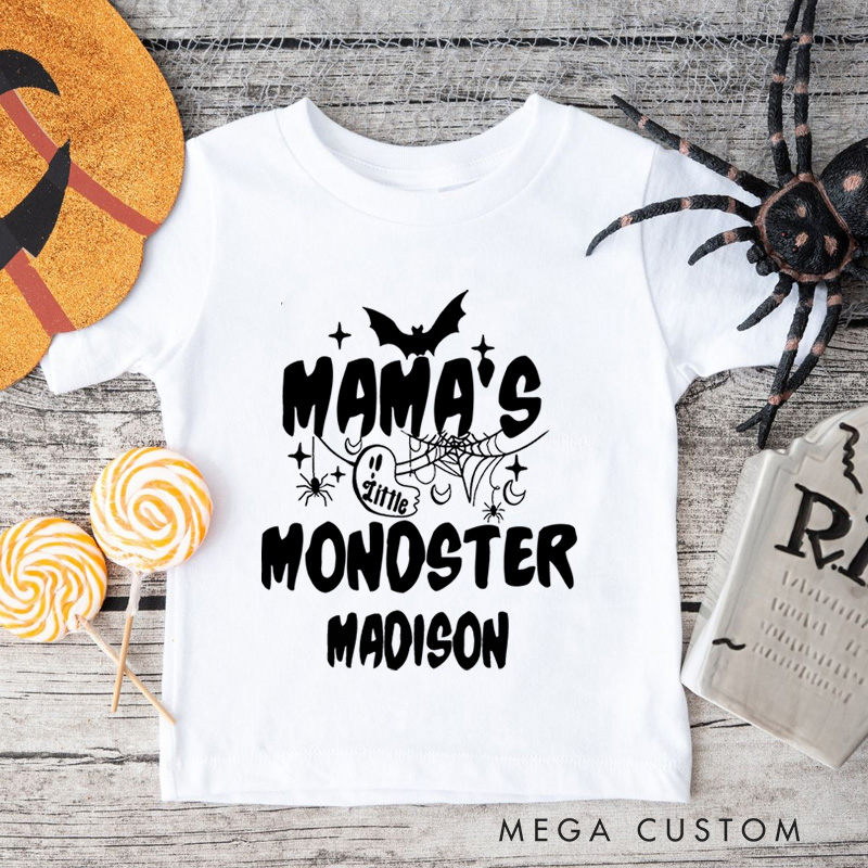 Personalized Mama’s Little Monster Halloween Shirt for Kids Perfect for Fun and Spooky Family Moments During Halloween Kids T-Shirt