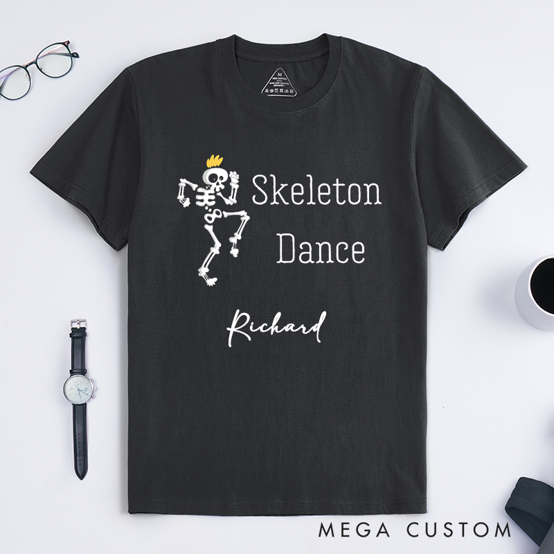 Personalized Funny Skeleton Dance Graphic T-Shirts Unique Dancing Skeleton Gift for Men Custom Name Halloween Clothing for Him