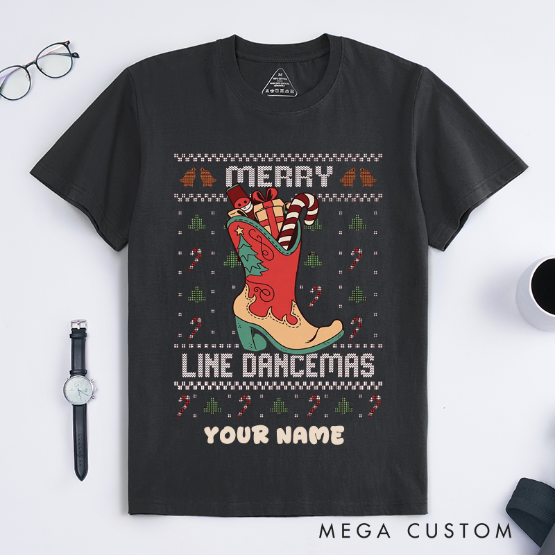 Personalized Merry Line Dancemas Christmas Cowboy Boot T-Shirts Unisex Custom Gift for Line Dance Lovers Fans