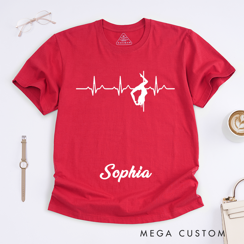 Personalized Pole Dancing T-Shirts Heartbeat Design Unique Fitness Gift for Women Dance Lovers Custom Name Present for Dancer