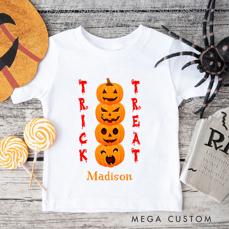 Personalized Trick or Treat Pumpkin Tower Halloween Shirt for Kids Perfect for Fun and Colorful Seasonal Celebrations Kids T-Shirt