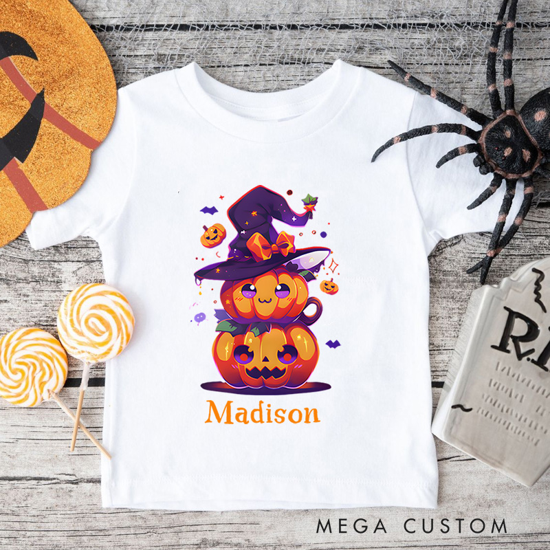 Personalized Witch Hat and Pumpkin Stack Halloween Shirt for Kids Perfect for Magical and Festive Halloween Celebrations Kids T-Shirt