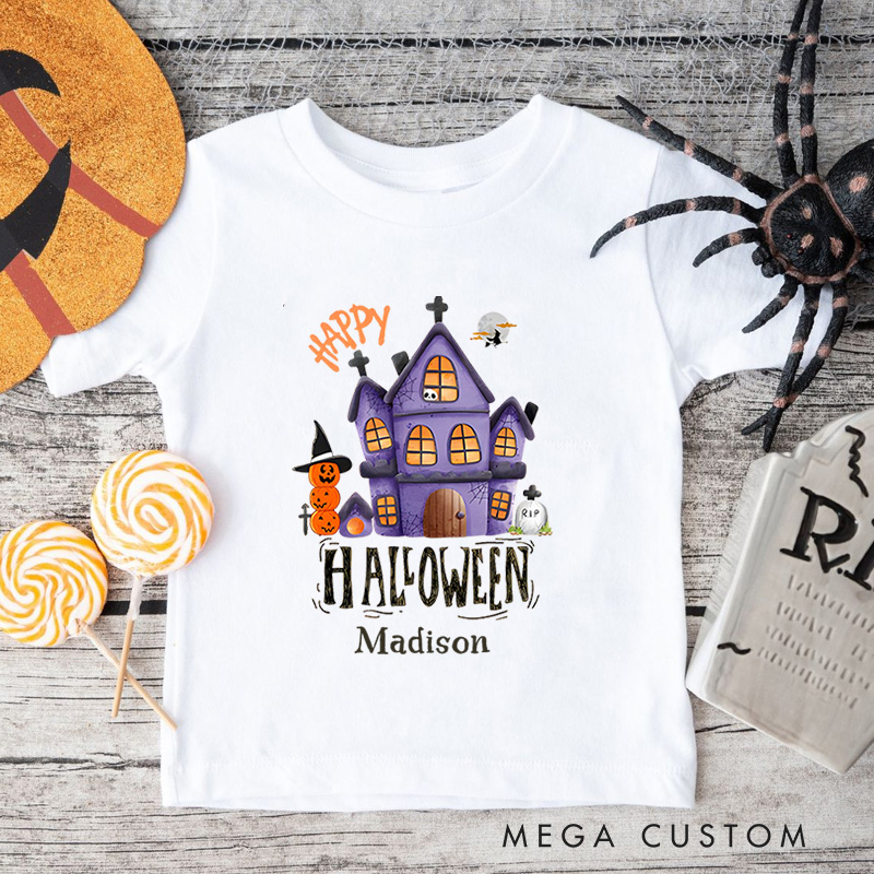 Personalized Happy Halloween Haunted House Shirt for Kids Perfect for Fun and Spooky Festive Celebrations Kids T-Shirt