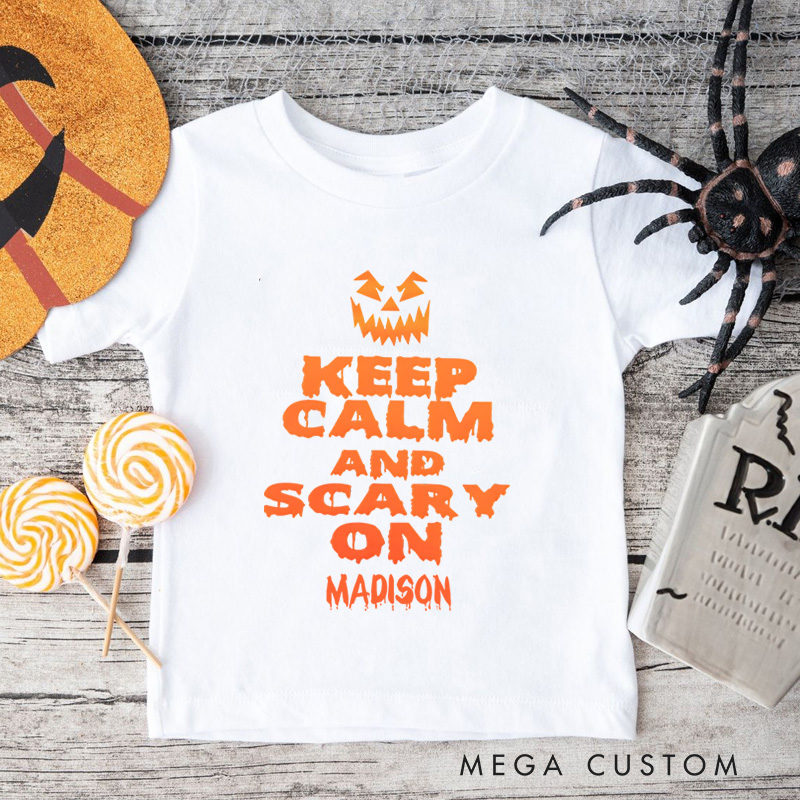 Personalized Keep Calm and Scary On Halloween Shirt for Kids Perfect for Adding Humor and Festive Fun Kids T-Shirt