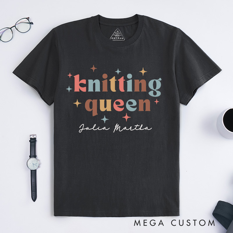 Personalized Knitting Queen Classic T-Shirts Knitter Shirt Colorful TShirt Womens Comfy Top Bright Words Tee Unique Font Shirt