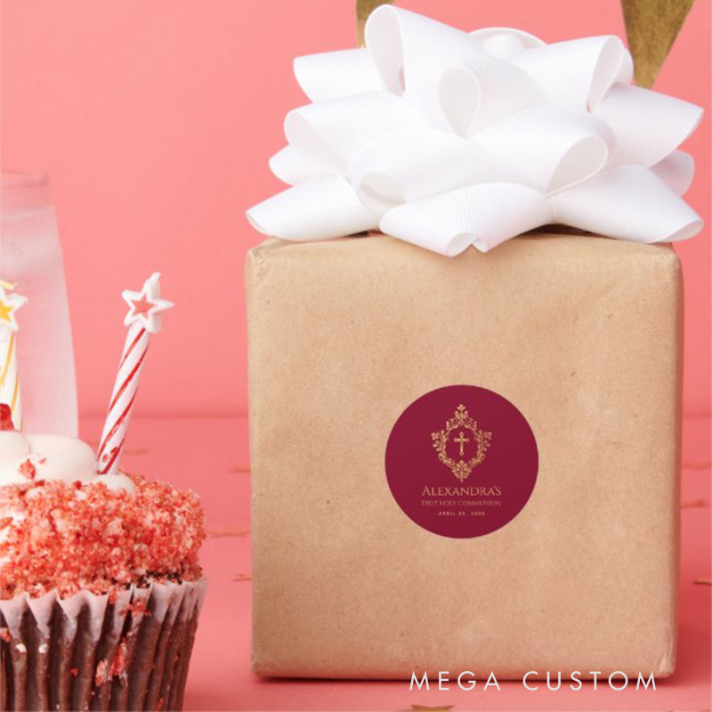 Personalized Girl First Communion Burgundy Gold Crest Religious Classic Round Sticker with Name and Date Religious Gift First Communion Gift