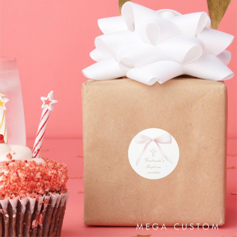 Personalized Baptism Pink Bow Girl Classic Round Sticker with Name and Date Religious Gift Baptism Gift