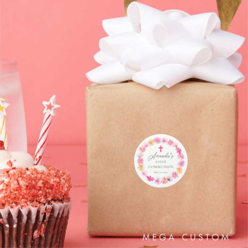 Personalized Delicate Petals Pink Cross Classic Round Sticker with Name and Date Religious Gift First Holy Communion Gift