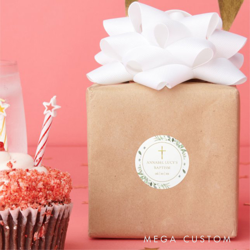 Personalized Watercolor Greenery Gold Cross Baptism Christening Classic Round Sticker with Name and Date Religious Gift Baptism & Christening Gift