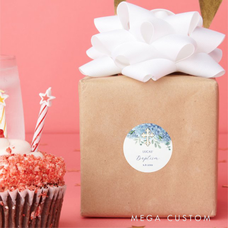 Personalized Blue Hydrangea Gold Cross Baptism Sticker with Name and Date Religious Gift Baptism & Christening Gift