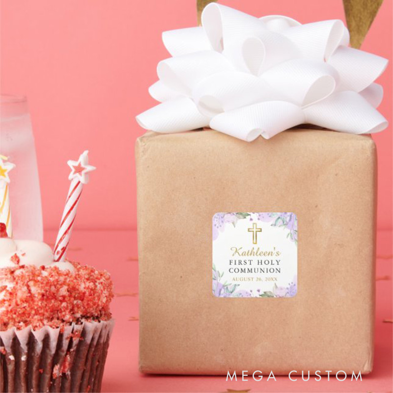 Personalized Watercolor Purple Floral Gold Cross First Holy Communion Square Sticker with Name and Date Religious Gift First Communion Gift