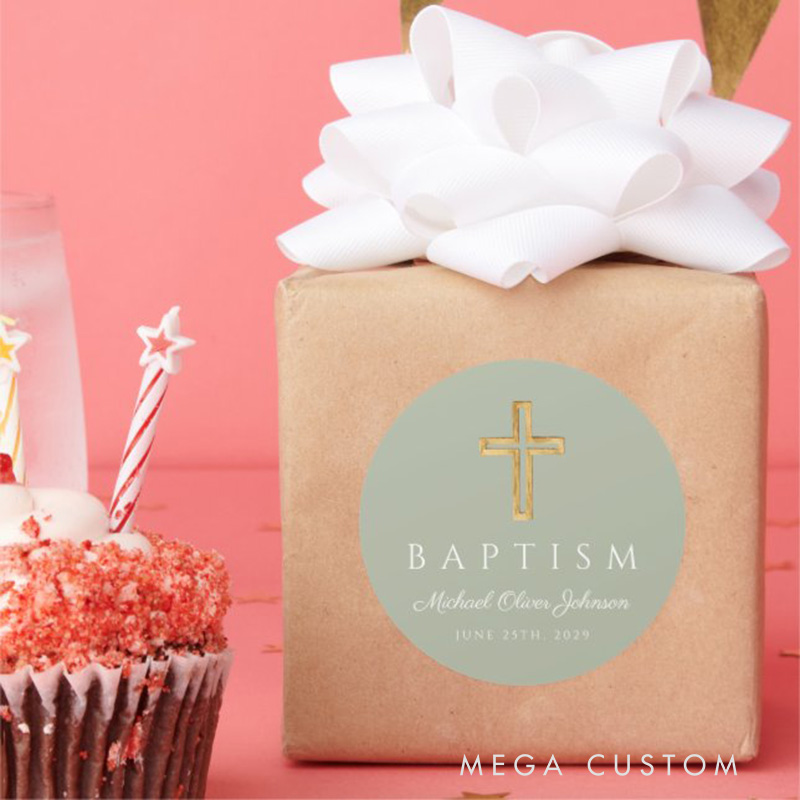 Personalized Elegant Sage Green Religious Cross Baptism Classic Round Sticker with Name and Date Religious Gift Baptism Gift