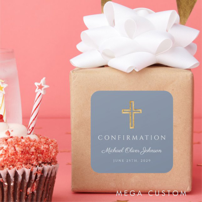 Personalized Modern Dusty Blue Religious Cross Boy Confirmation Square Sticker with Name and Date Religious Gift Confirmation Gift