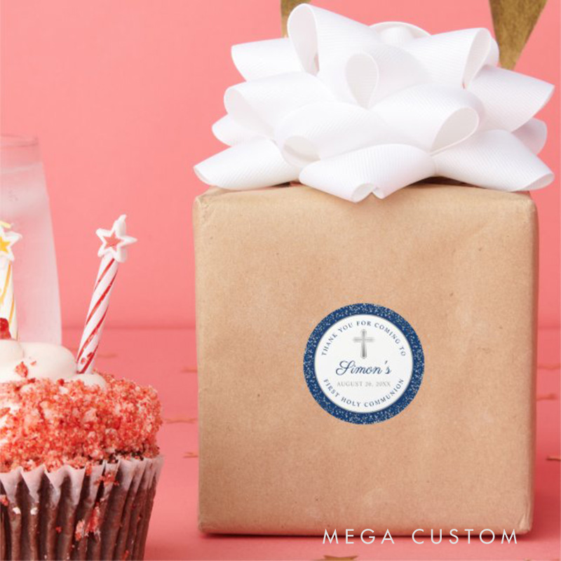 Personalized Silver Glitter Cross Navy Blue First Holy Communion Classic Round Sticker with Name and Date Religious Gift First Communion Gift