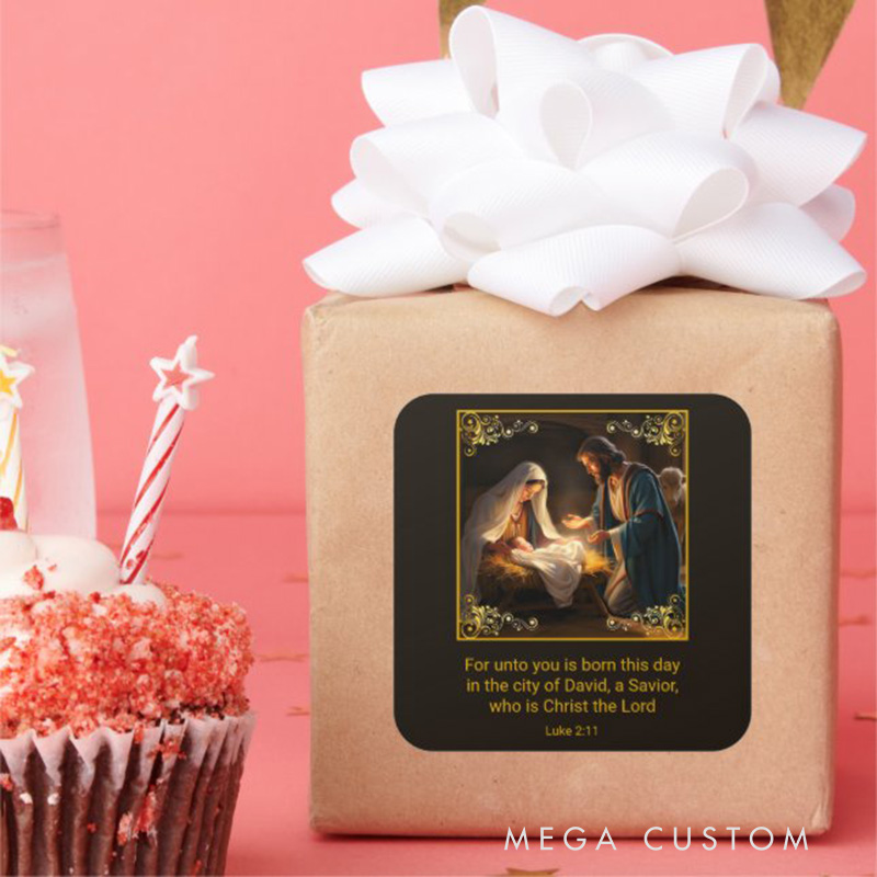 Personalized Christmas Nativity Holy Family Religious Square Sticker with Bible Verse Luke 2:1 Religious Gift Christmas Gift